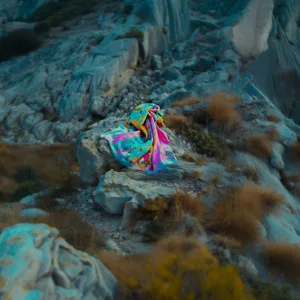 Värikäs Ardor huivi on kivien päällä, jylhässä kalliomaisemassa.