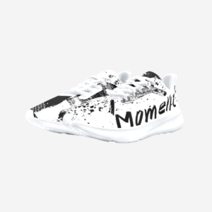 Black and white and graphic leisure footwear with Moment text.